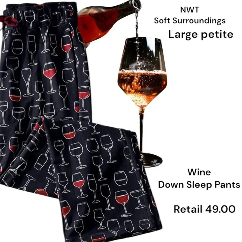 NWT Soft Surroundings Wine Glass Print Sleep Pants Size PL petite large